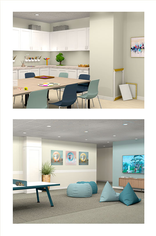 An image showing some of the amenities at Weston Bridges including an activity room and ping pong table 